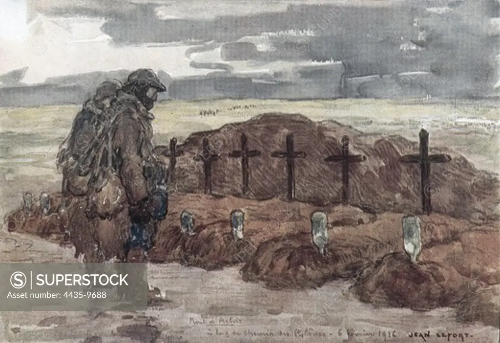 First World War (1914-1918). Tombs of war mates. Picture by Jean Lefort published in 'L'Illustration' (25th November 1916). Drawing.