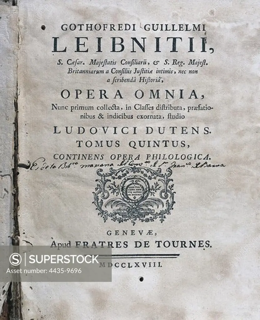 LEIBNIZ, Gottfried Wilhelm (1646-1716). German rationalist philosopher and mathematician. Cover of the volume V of the Leibniz's 'Complete Works' (Geneve, 1768). SPAIN. CATALONIA. Barcelona. Barcelona University Library.