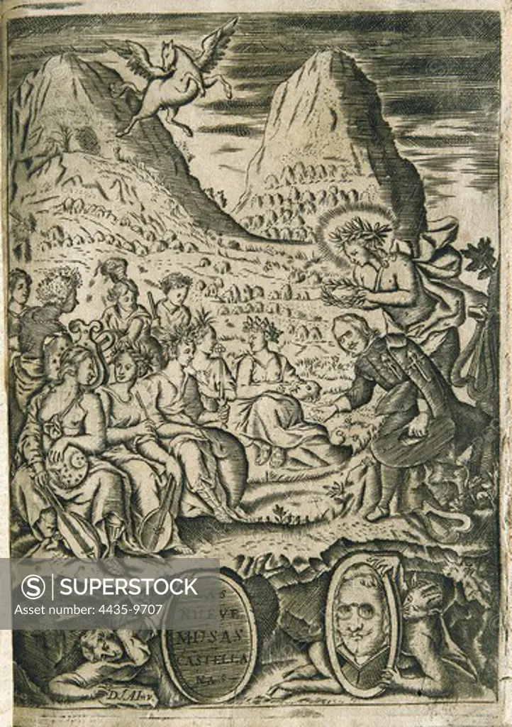 QUEVEDO y VILLEGAS, Francisco de (1580-1645). Spanish Golden Age writer. 'The Spanish Parnassus and Castilian Muses'. Edition published in Madrid by Melchor Sànchez (1668). Allegorycal drawing with Quevedo in Parnassus. Painting. SPAIN. CATALONIA. Barcelona. Barcelona University Library.