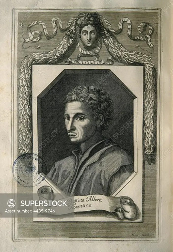 ALBERTI, Leon Battista (1404-1472). Italian Quattrocento humanist.; SESONI, Francesco (1705-). Italian engraver. Portrait of Leon Battista Alberti, engraved by Francesco Sesoni, published in an edition of his 'On Painting' (divided into 3 books) and 'Treatise on Sculpture' executed in Naples by Francesco Ricciardo and Vincenzo and Nicola Rispoli (1733). Engraving. SPAIN. CATALONIA. Barcelona. Barcelona University Library.