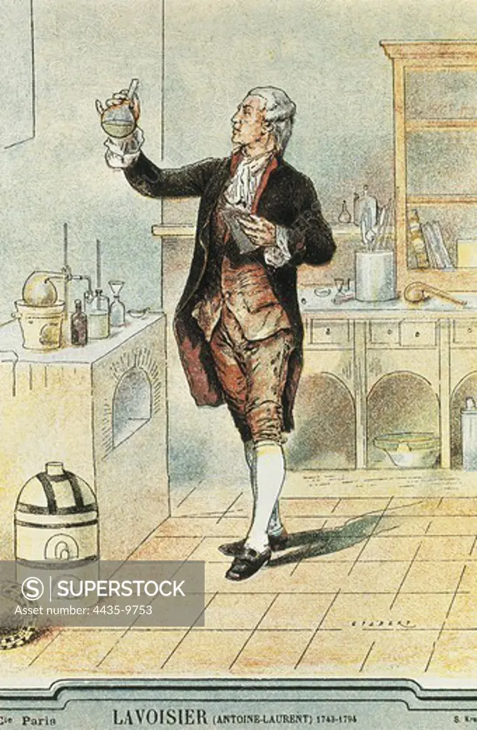 Lavoisier, Antoine-Laurent (1743-1794). French chemist. Established the composition of the water and the basis of bioenergetics. Portrait at his laboratory with a bottle of mercury. Engraving. FRANCE. LE-DE-FRANCE. Paris. Mus_e Carnavalet (Carnavalet Museum).