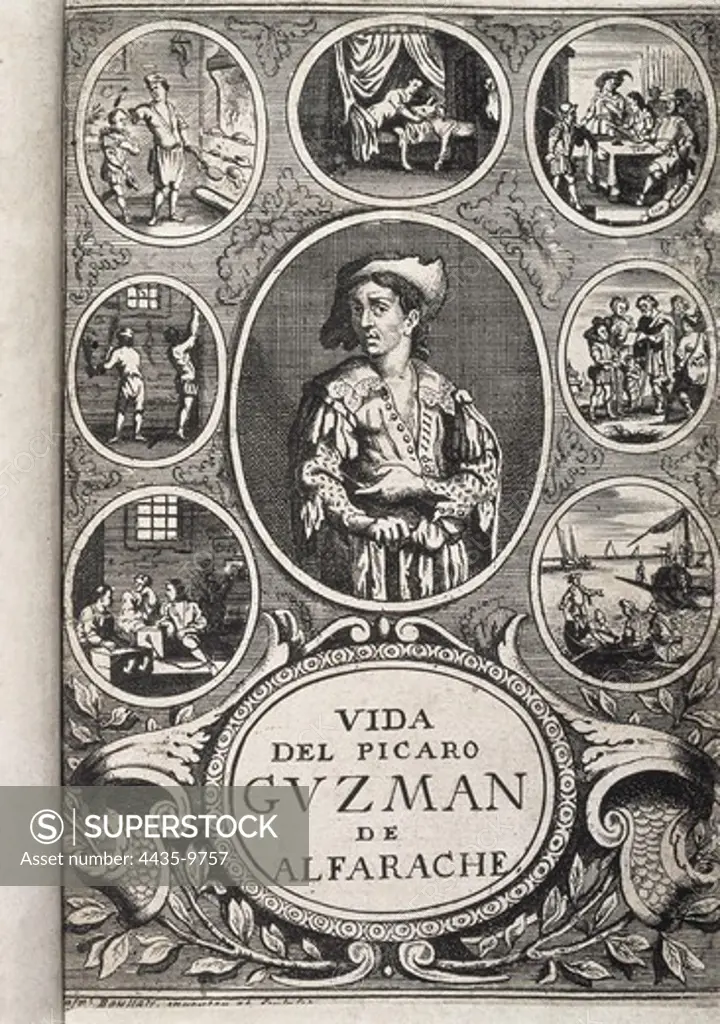 ALEMAN, Mateo (1547-1615). Spanish Golden Age writer.; BOUTTATS, Gaspar (1640-1695). Engraver and draughtsman. Front page of the work 'Vida del pÕcaro Guzmàn de Alfarache' (Life of crafty Guzman de Alfarache) (1599-1604). Edition published in Antwerp in 1681. Engraving. SPAIN. MADRID (AUTONOMOUS COMMUNITY). Madrid. National Library.