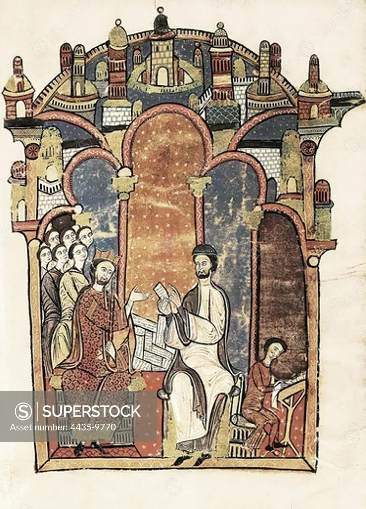 Liber Feudorum Maior. end 12th c. Royal cartularium made by order of Alfonso el Casto. Cover depicting the king Alfonso giving orders to Ramon Calders about the Royal Archive. Romanesque art. Miniature Painting. SPAIN. CATALONIA. Barcelona. Royal Archive of the Crown of Aragon.