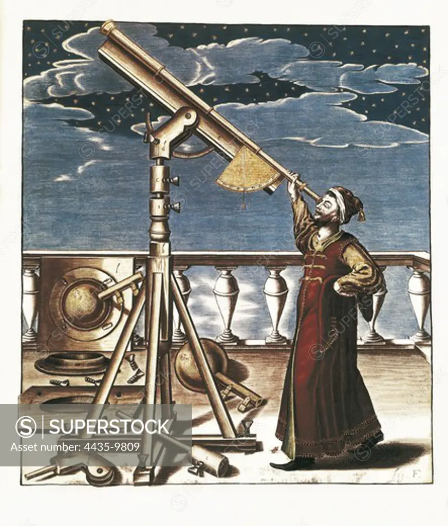 Hevelius, Johannes (1611-1687). German astronomer. 'Selenographia seu descriptio lunae' (1647). Illustration with Hevelius observing the firmament with a telescope. Etching. FRANCE. LE-DE-FRANCE. Paris. National Library.