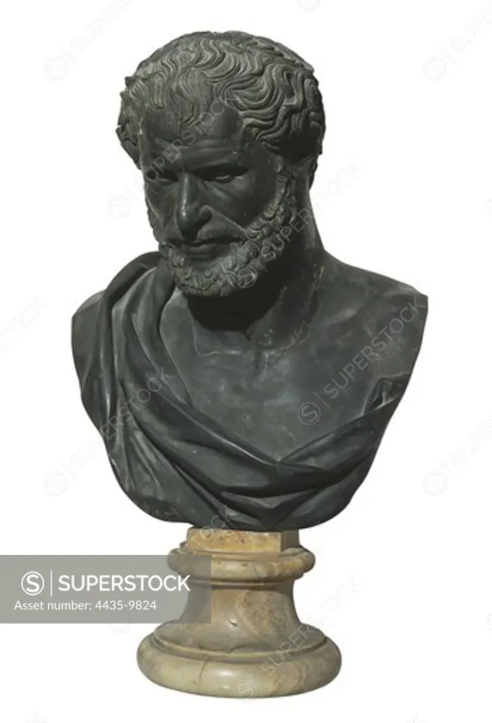 ARISTOTLE (384-332 BC). Greek philosopher. Bust of Democritus. Greek art. ITALY. CAMPANIA. Naples. National Museum of Archaeology.