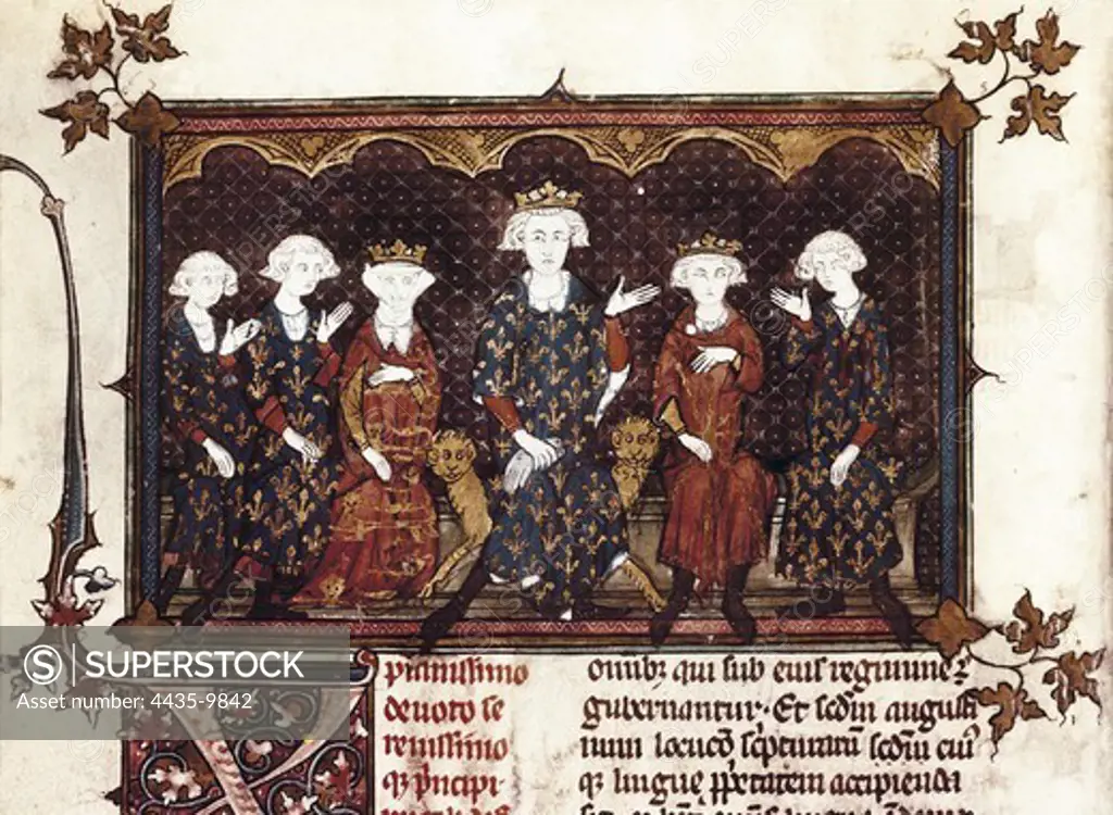 Philip IV the Fair, of France (1268-1314). King of France and Navarre (1285-1314). Philip IV of France with his daughter Isabelle, Queen of England, his sons Louis X and Charles IV, and his brother Charles, Count of Valois. French manuscript (14th c.). Gothic art. Miniature Painting. FRANCE. LE-DE-FRANCE. Paris. National Library.