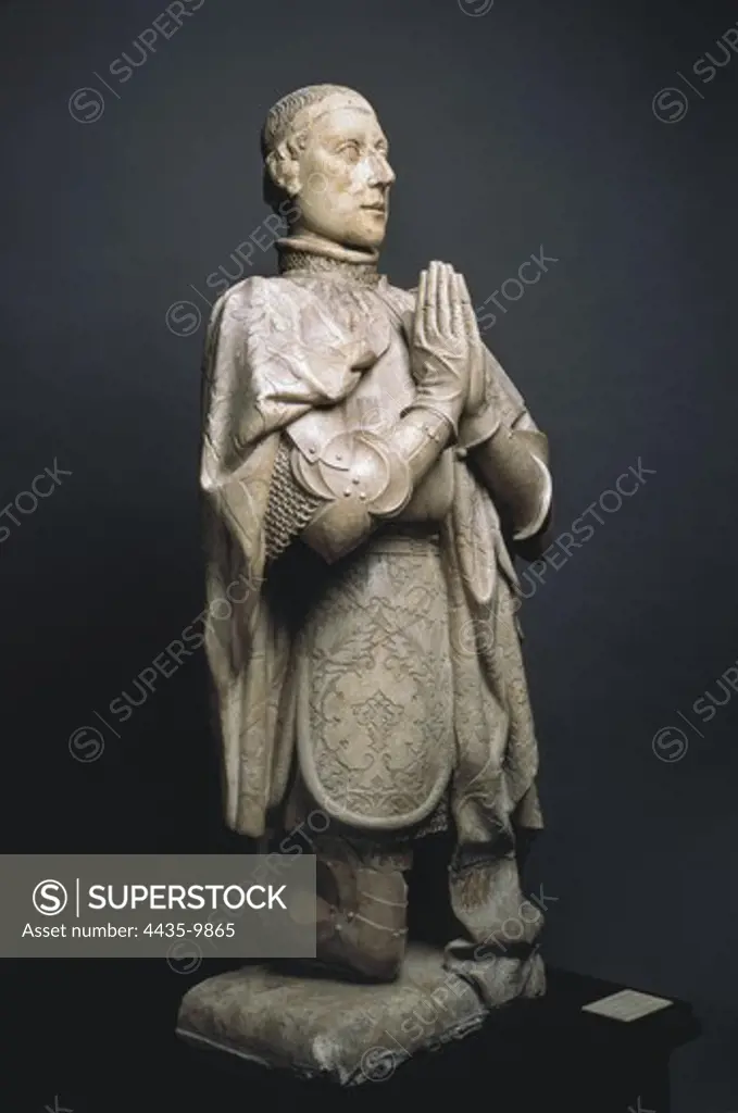 Peter I 'The Cruel' (1334-1369). Kinf of Castile and Leon (1350-1366). Statue in prayer. International gothic. Sculpture on marble. SPAIN. MADRID (AUTONOMOUS COMMUNITY). Madrid. National Museum of Archaeology.