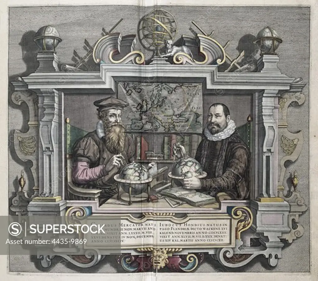 The geographers and cartographers Gerardus Mercator (left) and Jodocus Hondius. Etching. BELGIUM. EAST FLANDERS. Sint-Niklaas. Mercatormuseum.