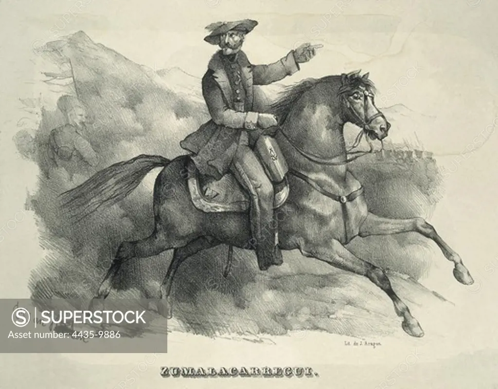 ZUMALACARREGUI, Tomàs (1788-1835). Carlist general. Spain. First Carlist War. Zumalacarregui riding a horse. Engraving.