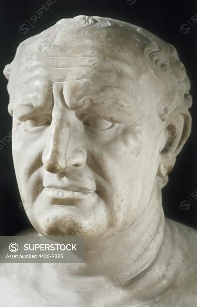 VESPASIAN, Titus Flavius Vespanius (9-79). Bust. Roman art. Early Empire. Sculpture on marble. ITALY. CAMPANIA. Naples. National Museum of Archaeology.