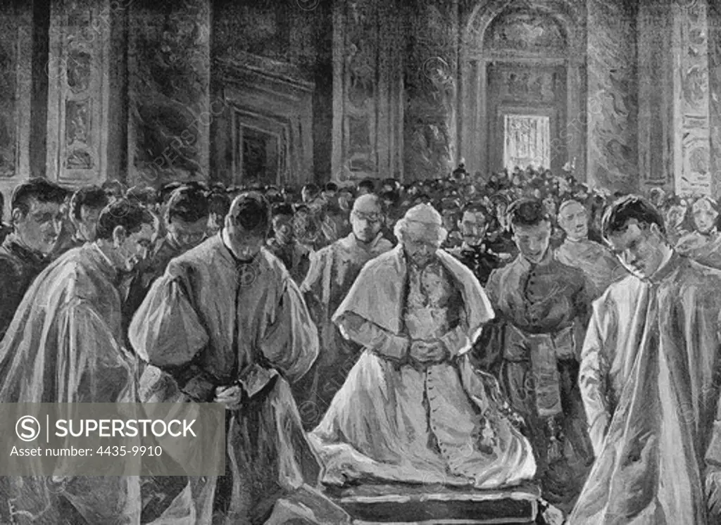 LEO XIII (1810-1903). Pope (1878-1903). His Holiness the Pope praying during a peregrination in Spain. Drawing by H. Estevan. Engraving.