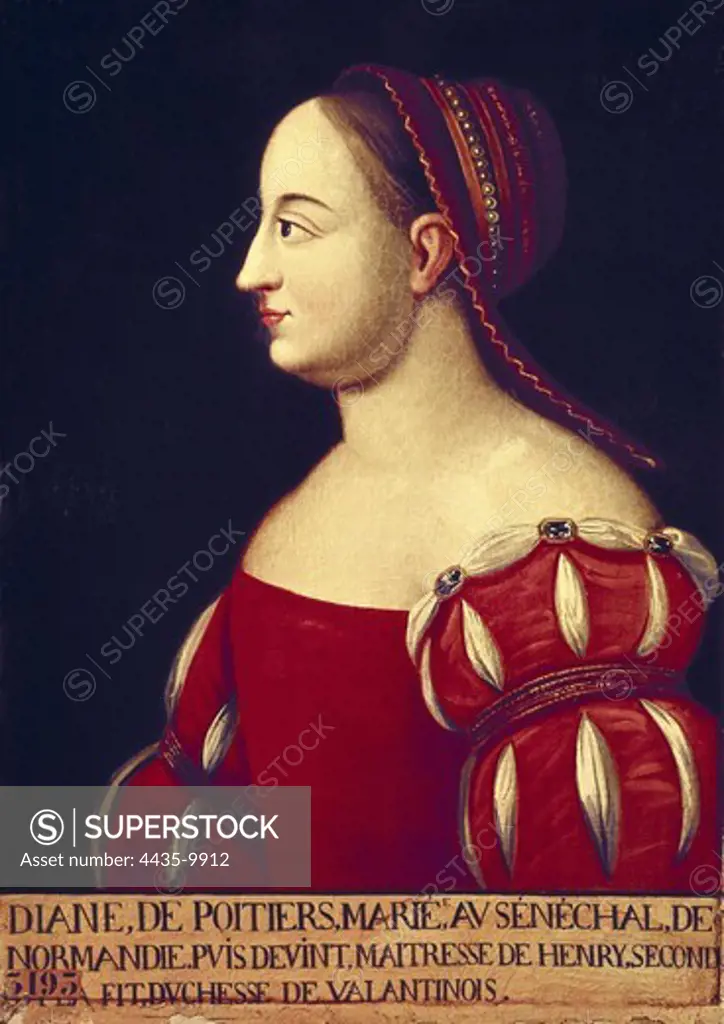 Diane de Poitiers, Duchesse de Valentinois (1499-1566). French lady, favourite of King Henri II. Renaissance art. Painting. FRANCE. LE-DE-FRANCE. YVELINES. Versailles. National Museum of Versailles.