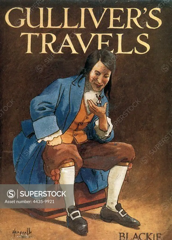 SWIFT, Jonathan (1667-1745). Irish clergyman and satirist writer. 'Travels into Several Remote Nations of the World by Lemuel Gulliver,' best known as 'Gulliver's Travels' (1726). Illustration by John Kassall in cover of 1910 edition. Blackie and Son, London.