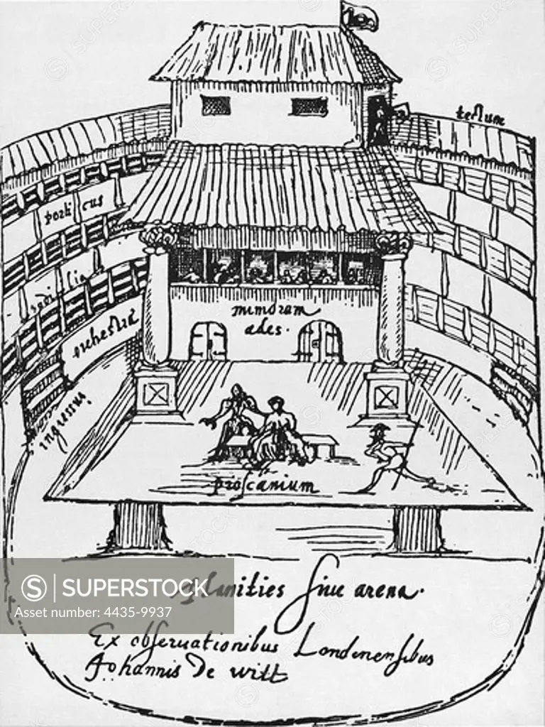 SHAKESPEARE, William (1564-1616). English poet and playwright. The theatre 'The Swan'. Sketch by Jan Wift. 1596.