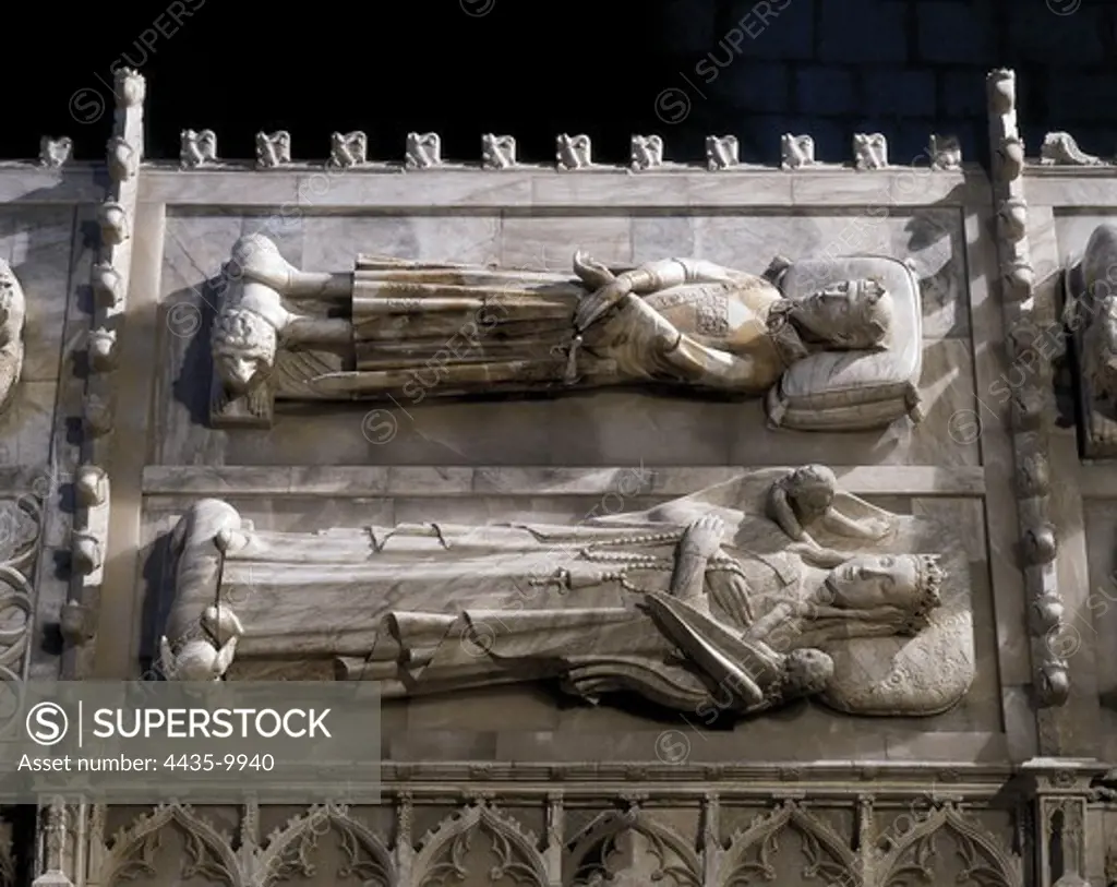 SPAIN. VimbodÕ. Monastery of Poblet. Tombs of king John I (1350-1396) and Violante de Bar, restored by Frederic Mar_s. Gothic art. Sculpture.