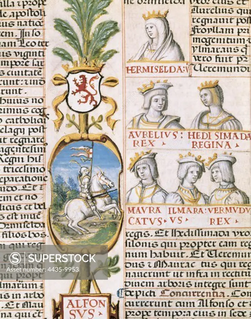 Alfonso II of Asturies, called 'The Chaste' (759-842). King of Asturiasæand Galicia (791-842). On the right, portraits of his wife Hermiselda and kings of Asturias Aurelio (c.740-774), Mauregato (King 783-789) and Bermudo I 'the Deacon' (King 789-791). GenealogÕa de los Reyes de EspaÐa. 1463. Gothic art. Miniature Painting. SPAIN. MADRID (AUTONOMOUS COMMUNITY). Madrid. National Library.
