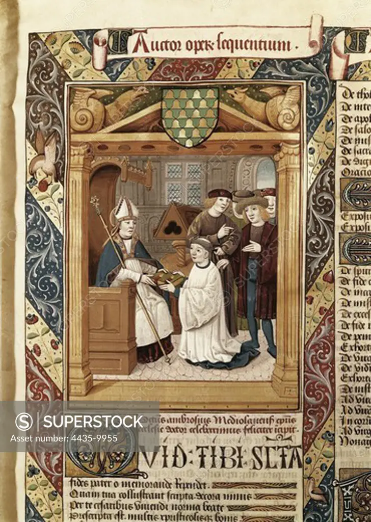 AMBROSE, Saint (339-397). Doctor of the Church and archbishop of Milan. Saint Ambrose's Works' (vol I), written and illustrated by Enrique de Bellorto for Guicciardi de PavÕa (15th c.). Picture of the saint delivering his works to a parent and Guicciardi's coat of arms (upper section). Gothic art. Miniature Painting. SPAIN. MADRID (AUTONOMOUS COMMUNITY). Madrid. National Library.