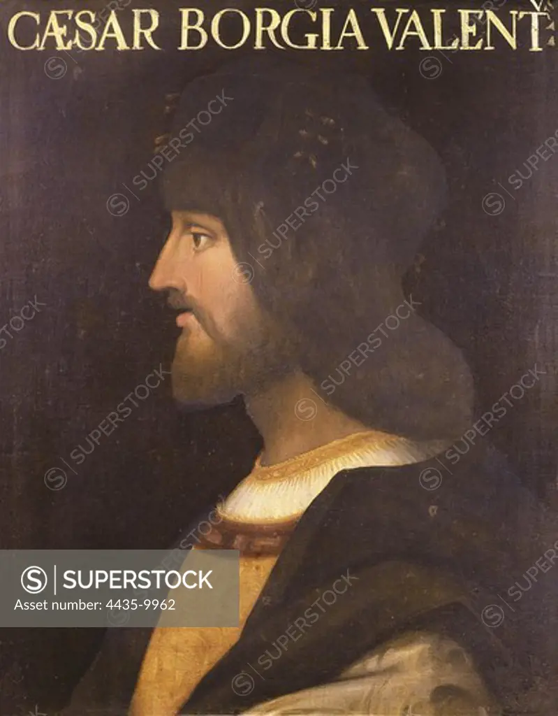 BORGIA, Cesare (1475-1507). Italian military man and politician, son of Pope Alexander VI. Portrait of profile. Oil on canvas. ITALY. TUSCANY. Florence. Pitti Palace.