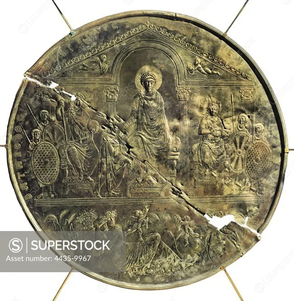 Theodosius I (347 - 395). Silver. Missorium of Theodosius I. 388. Roman art. Late Empire. Jewelry. SPAIN. MADRID (AUTONOMOUS COMMUNITY). Madrid. Royal Academy of History.