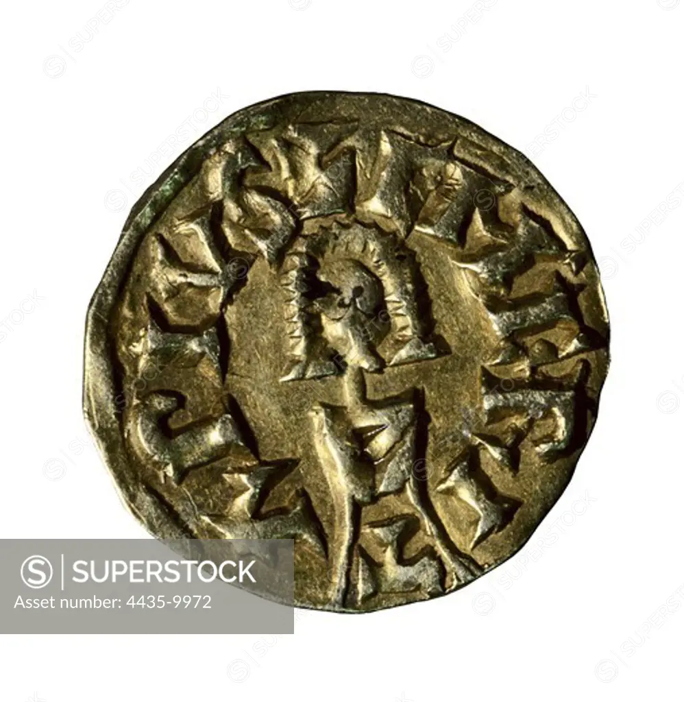 Suintila (634). Visigothic King of Hispania, Septimania and Galicia (621-631). Coin from Suintila's reign (7th c.). Reverse. SPAIN. CASTILE AND LEON. Burgos. Burgos Museum.