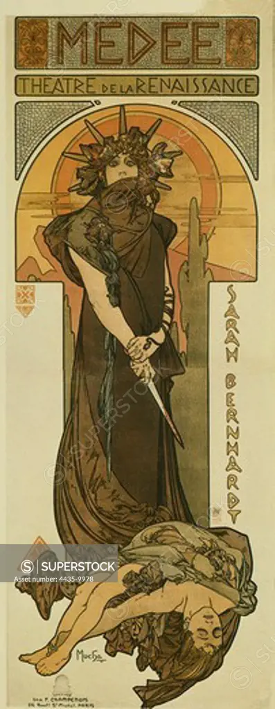 MUCHA, Alphonse Maria (1860-1939). Sarah Bernhardt as Medee at the Theatre de la Renaissance. 1898. Poster advertising the theatre performance of Sarah Bernhardt as Medee at the Th_atre de la Renaissance of Paris in 1898. Modernism. Litography. Private Collection.