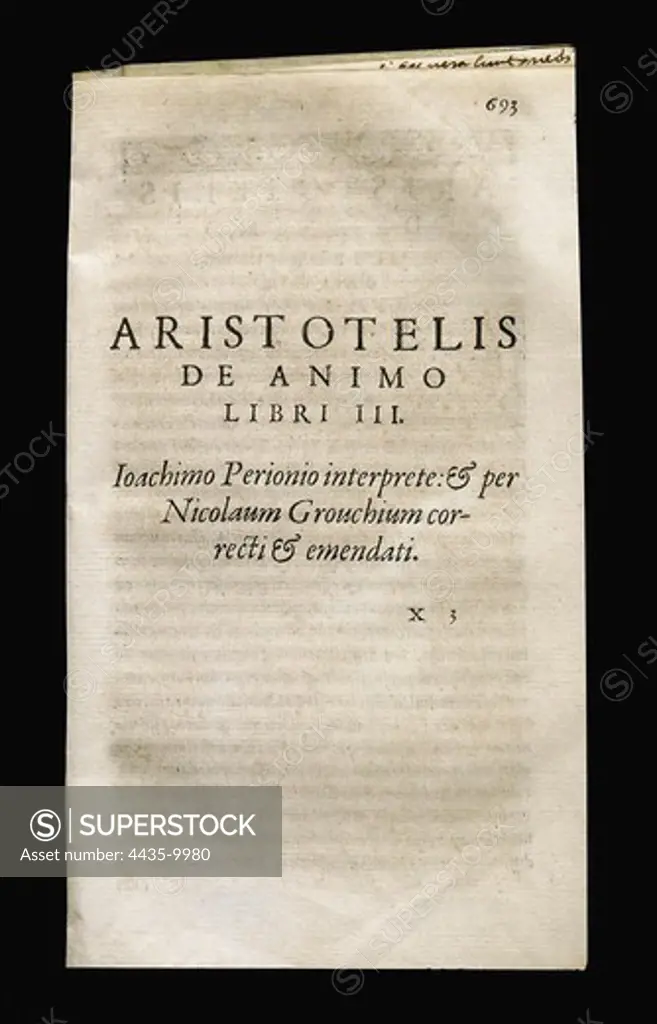 ARISTOTLE (384-332 BC). Greek philosopher. 'De Anima'. Edition in Latin made in Lyon (1561). SPAIN. CATALONIA. Barcelona. Biblioteca de Catalunya (National Library of Catalonia).