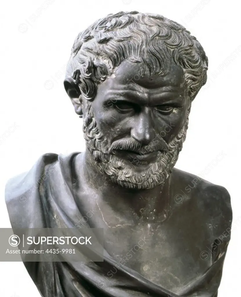 ARISTOTLE (384-332 BC). Greek philosopher. Roman art. Sculpture on bronze. ITALY. CAMPANIA. Naples. National Museum of Archaeology.