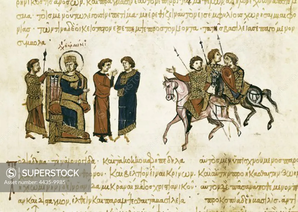 SKYLITZER, John (9th century). Madrid Skylitzes 'Synopsis historiarum'. Synopsis of Histories about the reigns of the Byzantine emperors. 12th c. Proclamation of Leo V the Armenian as emperor (813). Manuscript produced in Sicily. Byzantine art. Miniature Painting. SPAIN. MADRID (AUTONOMOUS COMMUNITY). Madrid. National Library.