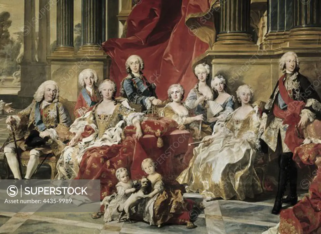 VAN LOO, Louis Michel (1707-1771). The Family of Philip V. 1743. Right central detail. From left to right: Philip V, the Cardinal-Infante Louis, Elizabeth Farnese, Philip Duke of Parma, Louise-Elizabeth of France, Marie Therese, Marie Antoine Ferdinande, Maria Amalia of Saxony and Charles, King of Naples. Oil on canvas. SPAIN. MADRID (AUTONOMOUS COMMUNITY). Madrid. Prado Museum.