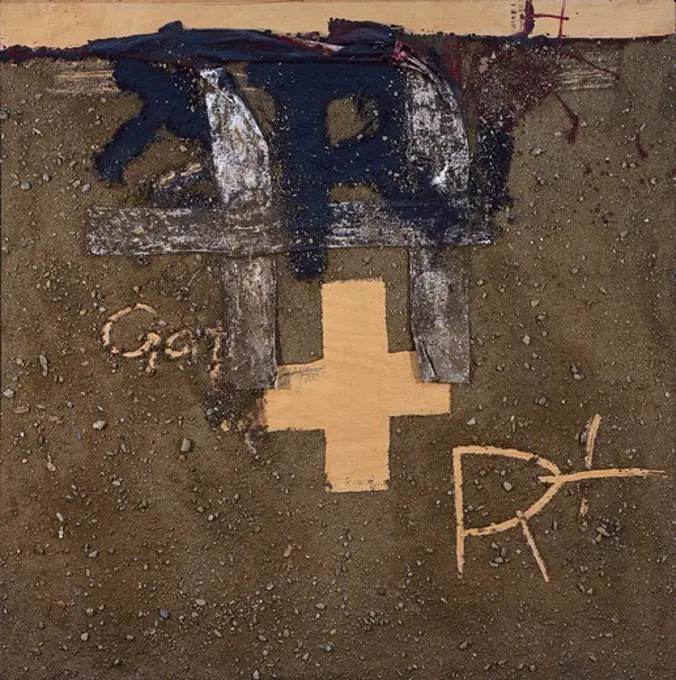 TAPIES, Antoni (1923-2012). Cross and R. 1975. Sand, fabric, stones, paint and pencil on wood. Informalism. Painting. SPAIN. CATALONIA. Barcelona. Museum of Contemporary Art of Barcelona.