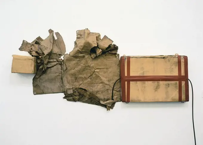 RAUSCHENBERG, Robert (1925-2008). Untitled. 1972. Undulating cardboard, rubber and adhesive tape on wood. Objectual art. Mixed technic. SPAIN. CATALONIA. Barcelona. Museum of Contemporary Art of Barcelona.