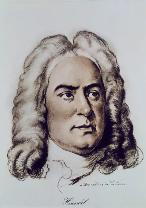 HANDEL, George Frideric (1685-1759). German Baroque composer, naturalized British in 1726. Portrait by Bernardino de Pantorba. Litography.