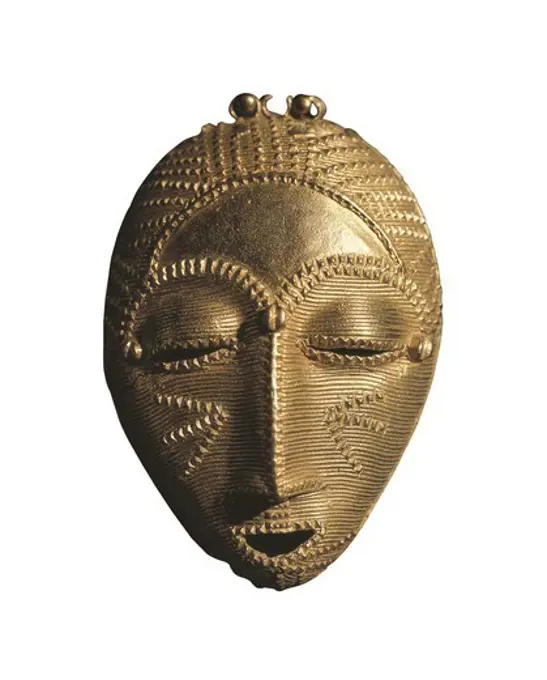 Golden mask. Baule art. Jewelry. Proc: CïTE-D'IVOIRE.