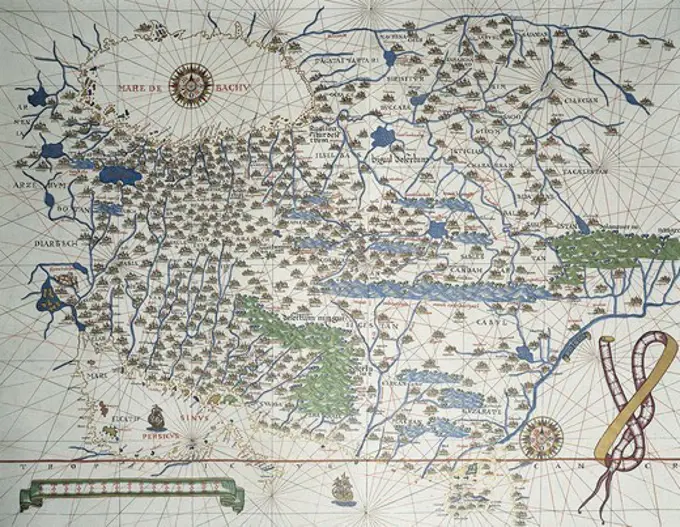 Portolan Atlas, 1587. Map of Asia, from Armenia, Iran, Afghanistan to the Indus River. Made in Messina. Facsimile. Miniature Painting. SPAIN. MADRID (AUTONOMOUS COMMUNITY). Madrid. National Library.