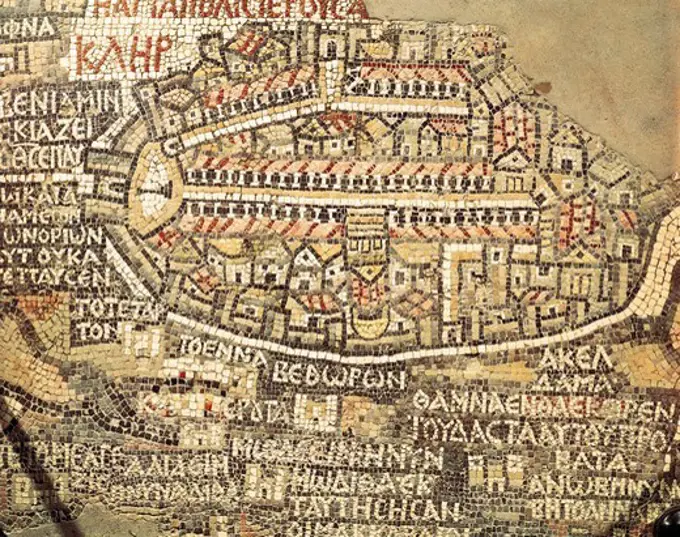 JORDAN. Madaba. Basilica of Saint George. Jerusalem (6th c.). The oldest existing map of Palestine. Byzantine art. Mosaic.