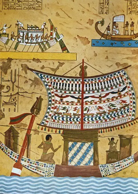 Egyptian ship on the Nile. Egyptian art. Painting. EGYPT. CAIRO. Cairo. Egyptian Museum.