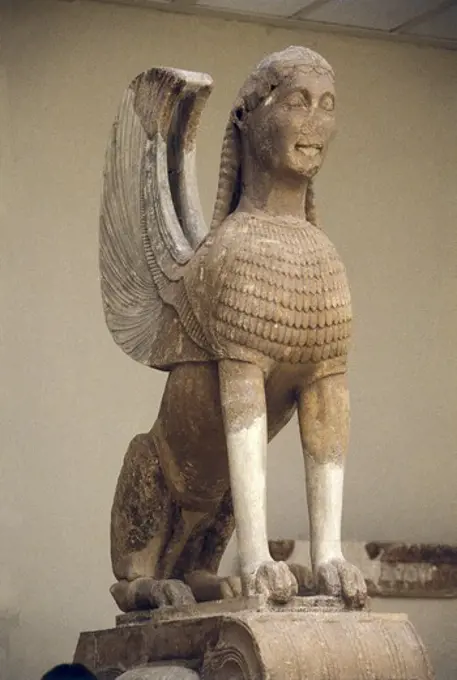 Sphinx of Naxos. ca.  570 BC. Archaic Greek art. Sculpture on marble. GREECE. CENTRAL GREECE. PHOCIS. Delphi. Delphi Museum. Proc: GREECE. CENTRAL GREECE. PHOCIS. Delphi. Temple of Apollo.