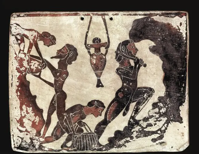 Mining Scene. 580 -570 a.C. Black-figure ceramics. Archaic Greek art. Ceramics. GERMANY. BERLIN. Berlin. Staatliche Museen (State Museums).