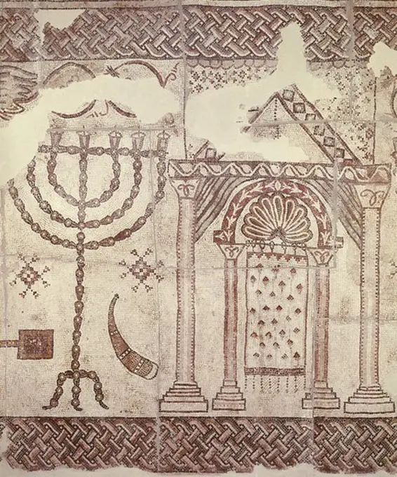 The Ark of the Covenant and the Menorah. Mosaic from 6th c. Byzantine art. Mosaic. ISRAEL. JERUSALEM. Jerusalem. Israel Museum.