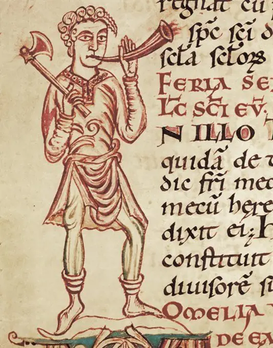 Lectionary of Cathedral of Reims: Character with an axe and a corn. French school, 11th century. Gothic art. FRANCE. CHAMPAGNE-ARDENNE. MARNE. Reims. Bibliothque Municipale (Municipal Library).