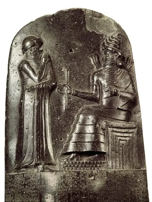 Code of Hammurabi. ca. 1750 BC. List of the laws adopted by King Hammurabi. Babylonian art. Old Babylonian period. Relief on rock. FRANCE. ëLE-DE-FRANCE. Paris. Louvre Museum.