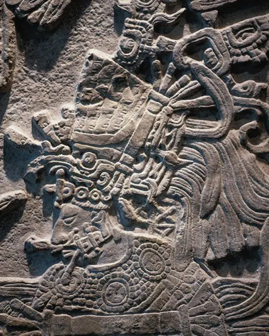Yaxchiln Lintel 53. 766. Late Classic period. Ritual scene with the governor Jaguar Shield, wearing quetzal feathers. Maya art. Relief on rock. MEXICO. FEDERAL DISTRICT. Mexico City. National Museum of Anthropology. Proc: MEXICO. CHIAPAS. Yaxchilan.