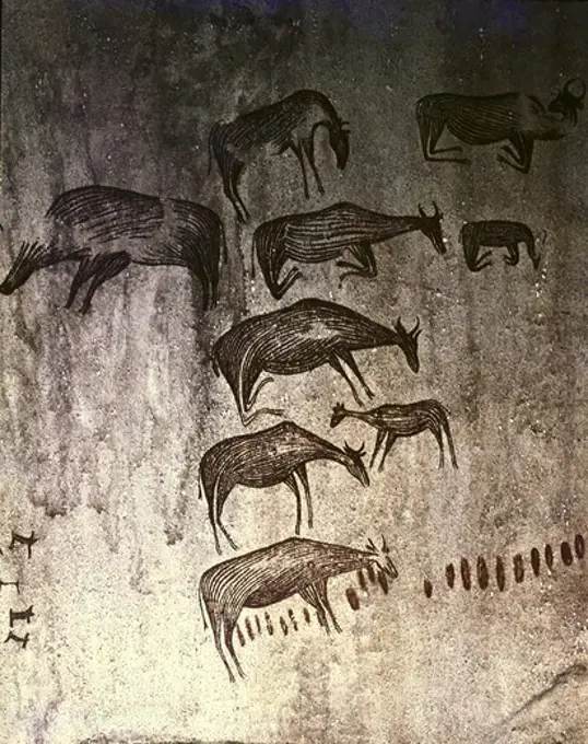 TANZANIA. Kondoa Irangi. Animals grazing. Koro rock paintings. Upper Paleolithic. Cave.