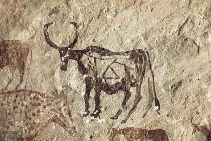 LIBYA. Tadrart Acacus. Cervid figure. Neolithic art. Cave.