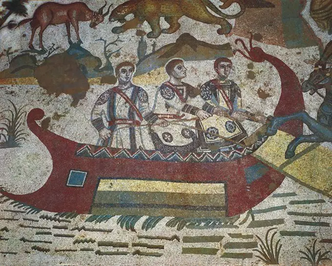 Great Hunting Mosaic. 4th c. ITALY. Piazza Armerina. Villa Romana del Casale. Detail with boat. Roman art. Late Empire. Mosaic.