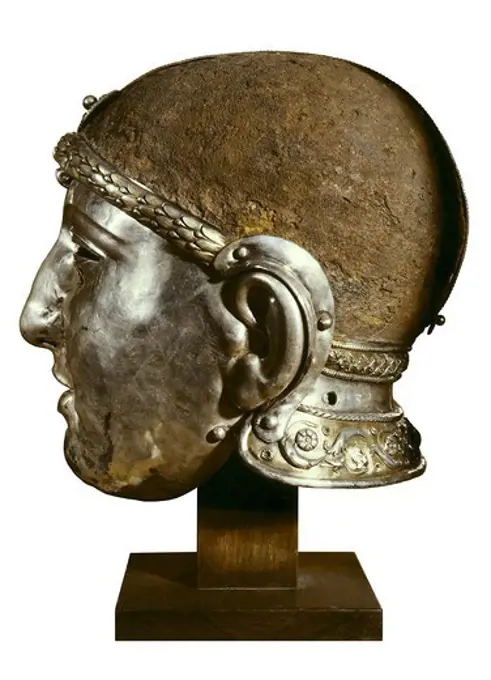 Helmet with Mask. 50. Made of iron and silver. Roman art. Early Empire. SYRIA. Damascus. National Museum. Proc: SYRIA. HOMS. Homs. Necropolis of Emesa.
