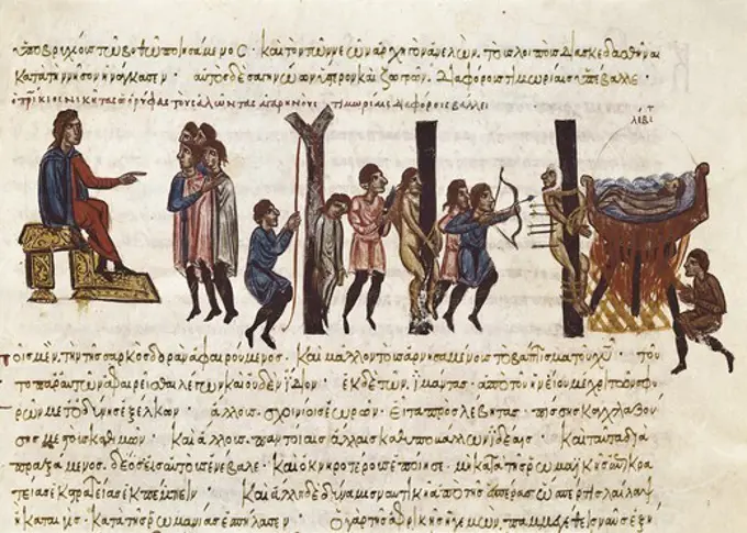SKYLITZER, John (9th century). Madrid Skylitzes 'Synopsis historiarum'. Synopsis of Histories about the reigns of the Byzantine emperors. 12th c. Execution of the defeated arabic prisoners of Crete and Africa. Manuscript produced in Sicily. Byzantine art. Miniature Painting. SPAIN. MADRID (AUTONOMOUS COMMUNITY). Madrid. National Library.
