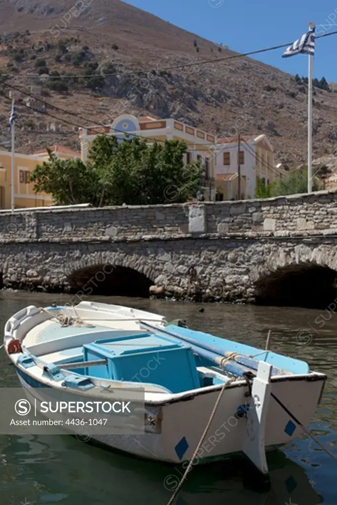 Greece, Island of Symi, Boat and bridge