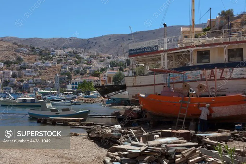 Greece, Island of Symi, Old boat being renovated