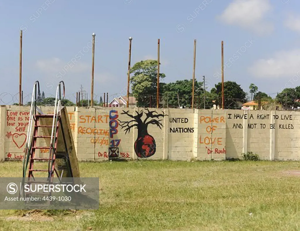 South Africa, Boboyi, Slide on playground where walls are covered with messages from children